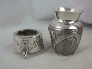 CHINESE WANG HING SOLID SILVER DRAGON VASE (99 Grams) & PRUNUS SALT (69 Grams) 4