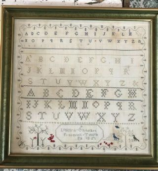 Antique 1857 Sampler Primitive Alphabet American Folk Art Fredericktown Pa