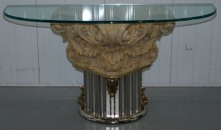 Rare Empire Classical Corinthian Pillar Console Table Base With Thick Glass Top