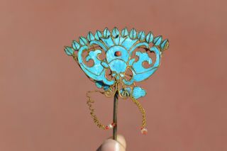 1900 ' s Chinese Kingfisher Feather Gilt Hair Hat Pin Hairpin Bat & Beads 3