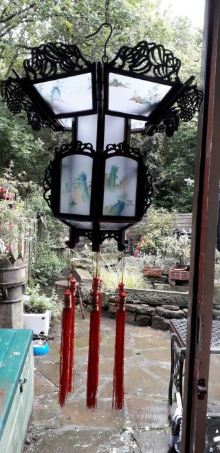 Vintage Chinese Wooden Carved Fretwork Lantern Hand Reverse Painted Glass Large