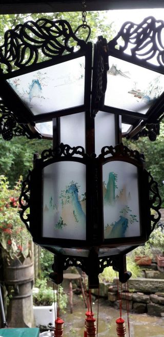 Vintage Chinese Wooden Carved fretwork Lantern hand reverse painted glass Large 3