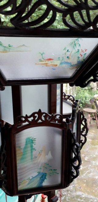 Vintage Chinese Wooden Carved fretwork Lantern hand reverse painted glass Large 4