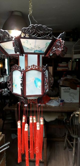 Vintage Chinese Wooden Carved fretwork Lantern hand reverse painted glass Large 5