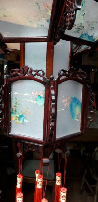 Vintage Chinese Wooden Carved fretwork Lantern hand reverse painted glass Large 6