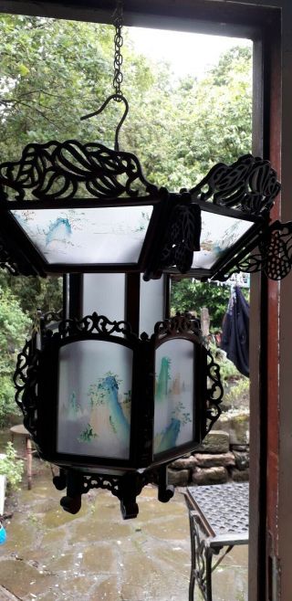 Vintage Chinese Wooden Carved fretwork Lantern hand reverse painted glass Large 9