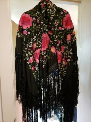 Lg.  Stunning Antique Heavily Embroidered Piano Shawl,  Black,  Pink,  Green
