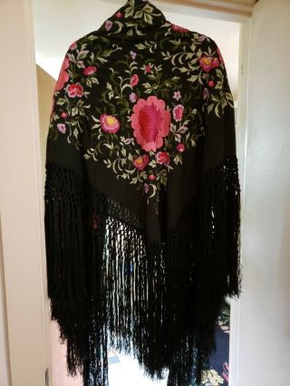 Lg.  Stunning antique heavily embroidered piano shawl,  black,  pink,  green 2