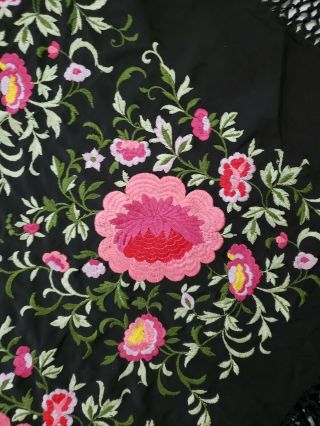 Lg.  Stunning antique heavily embroidered piano shawl,  black,  pink,  green 5