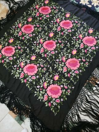 Lg.  Stunning antique heavily embroidered piano shawl,  black,  pink,  green 6