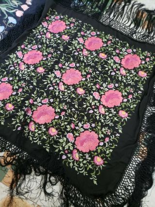 Lg.  Stunning antique heavily embroidered piano shawl,  black,  pink,  green 7