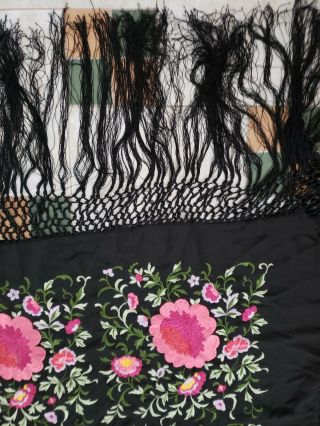 Lg.  Stunning antique heavily embroidered piano shawl,  black,  pink,  green 8