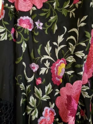 Lg.  Stunning antique heavily embroidered piano shawl,  black,  pink,  green 9