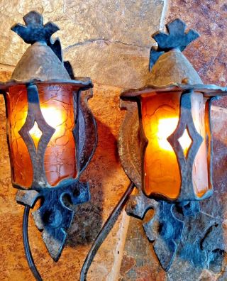 2 Antique Mission,  Arts And Crafts Sconce,  Crackle Shades 2