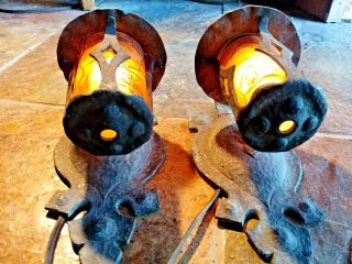 2 Antique Mission,  Arts and Crafts Sconce,  crackle shades 2 5