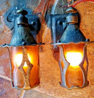 2 Antique Mission,  Arts And Crafts Sconce,  Crackle Shades 1