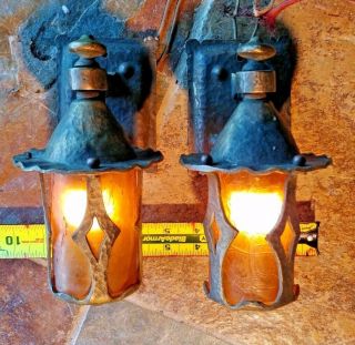 2 Antique Mission,  Arts and Crafts Sconce,  crackle shades 1 7