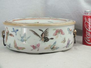 Fine 19th C Chinese Famille Rose Butterflies Stork Lily Pad Bowl & Liner