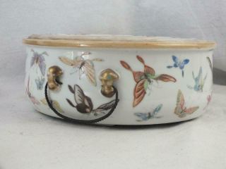 FINE 19TH C CHINESE FAMILLE ROSE BUTTERFLIES STORK LILY PAD BOWL & LINER 3