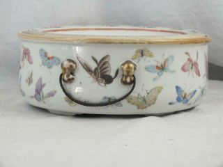 FINE 19TH C CHINESE FAMILLE ROSE BUTTERFLIES STORK LILY PAD BOWL & LINER 6