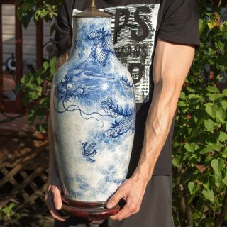 Chinese Blue & White Porcelain Dragon Vase Lamp 11