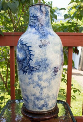 Chinese Blue & White Porcelain Dragon Vase Lamp 3