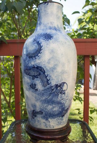 Chinese Blue & White Porcelain Dragon Vase Lamp 4