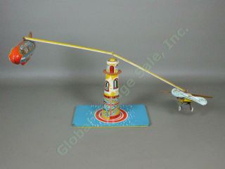 Vtg Unique Art Sky Rangers Blimp Airplane Tin Litho Wind - Up Toy See Video