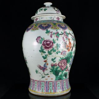 Large 19th C.  Chinese Famille Rose Porcelain Rooster Vase Urn Jar Daoguang 4