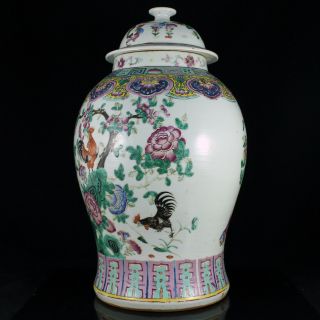 Large 19th C.  Chinese Famille Rose Porcelain Rooster Vase Urn Jar Daoguang 5