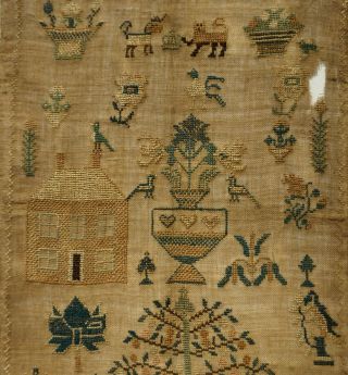 EARLY/MID 19TH CENTURY ADAM & EVE,  HOUSE & MOTIF SAMPLER BY E.  MILFORD - c.  1840 10