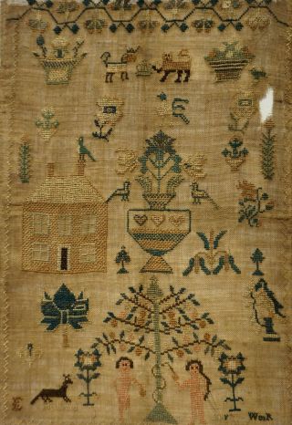 EARLY/MID 19TH CENTURY ADAM & EVE,  HOUSE & MOTIF SAMPLER BY E.  MILFORD - c.  1840 11