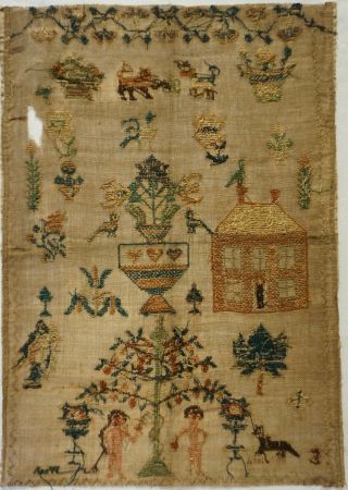 EARLY/MID 19TH CENTURY ADAM & EVE,  HOUSE & MOTIF SAMPLER BY E.  MILFORD - c.  1840 12