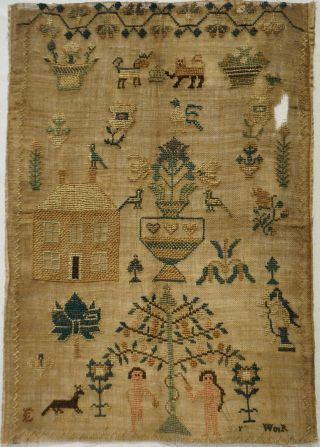 Early/mid 19th Century Adam & Eve,  House & Motif Sampler By E.  Milford - C.  1840
