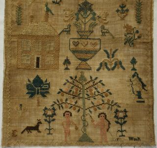 EARLY/MID 19TH CENTURY ADAM & EVE,  HOUSE & MOTIF SAMPLER BY E.  MILFORD - c.  1840 3