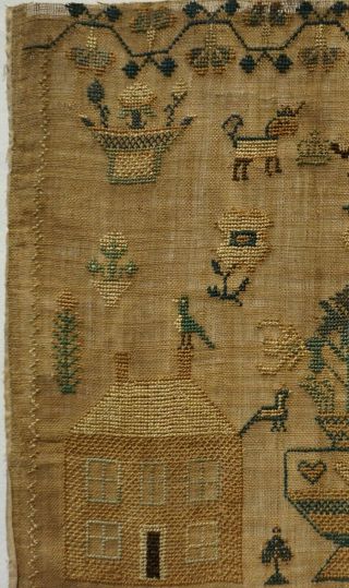 EARLY/MID 19TH CENTURY ADAM & EVE,  HOUSE & MOTIF SAMPLER BY E.  MILFORD - c.  1840 4