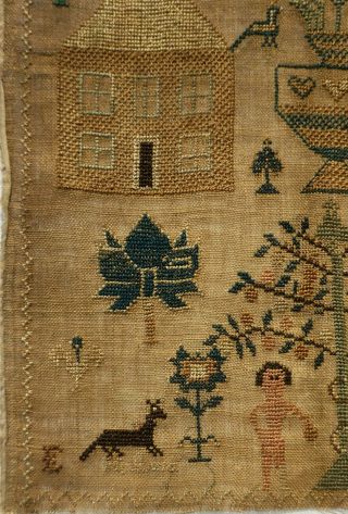 EARLY/MID 19TH CENTURY ADAM & EVE,  HOUSE & MOTIF SAMPLER BY E.  MILFORD - c.  1840 6