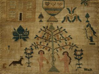 EARLY/MID 19TH CENTURY ADAM & EVE,  HOUSE & MOTIF SAMPLER BY E.  MILFORD - c.  1840 8