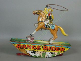 Vtg Marx Range Rider Wind - Up Rocking Horse Cowboy Tin Litho Toy See Video Nr