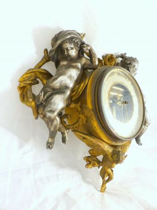 Antique French Barometer 19TH Gilded & Silverplated Putti Owl Theme RARE Bronze? 2