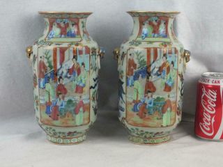 Pair 19th C Chinese Canton Blue & White Raised Buddhist Lion Dog Celadon Vases