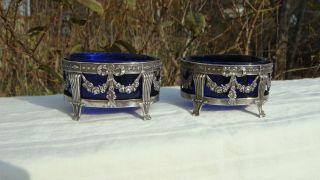 Antique Pair French Sterling Silver Reticulated Master Salts Cobalt Blue Liners