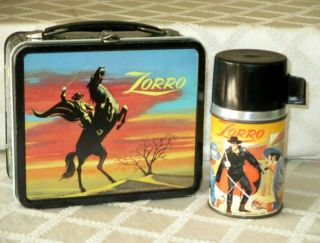 1958 - Zorro Metal Lunchbox & Thermos - Aladdin - 1 - Owner Set - Walt Disney - Tv Show