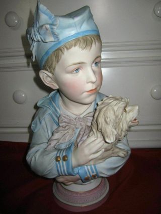 Antique German Kpm Victorian Boy With Puppy Bisque Bust Figurine 14.  5 "
