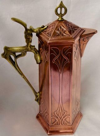 Exceptional Wmf Secessionist Art Nouveau Copper Jug,  Pitcher