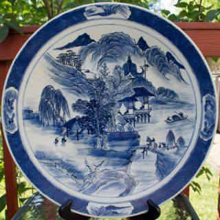 Large Chinese 19th C.  Blue & White Porcelain Landscape Charger Plate Dish