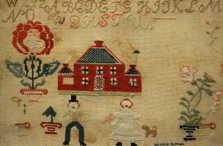 MID/LATE 19TH CENTURY RED HOUSE,  HUSBAND & WIFE & MOTIF SAMPLER - c.  1870 10