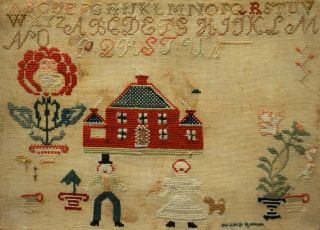 MID/LATE 19TH CENTURY RED HOUSE,  HUSBAND & WIFE & MOTIF SAMPLER - c.  1870 11