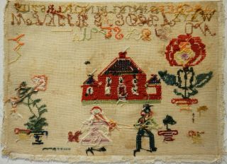 MID/LATE 19TH CENTURY RED HOUSE,  HUSBAND & WIFE & MOTIF SAMPLER - c.  1870 12