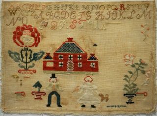 Mid/late 19th Century Red House,  Husband & Wife & Motif Sampler - C.  1870